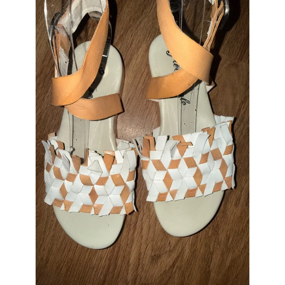 Free People Woven Leather Ankle Strap Platform Sandals Tan White Womens 6 Beach